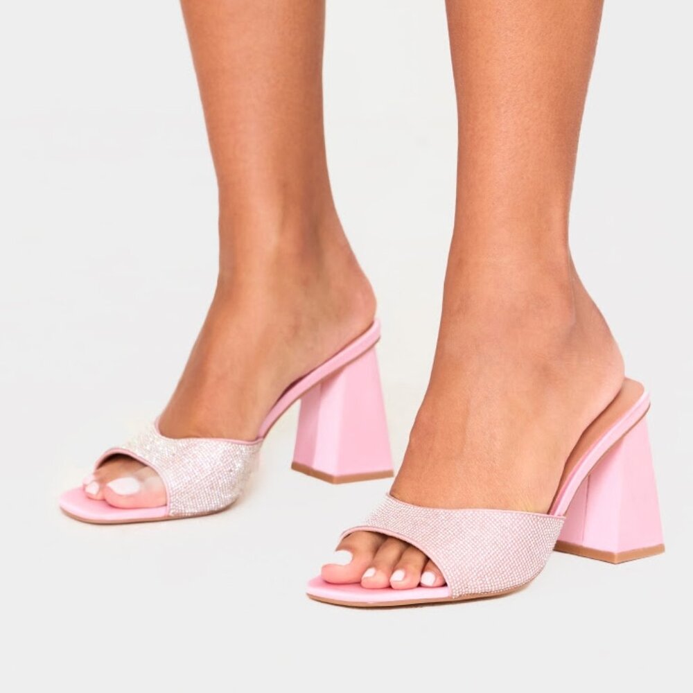 Pink PU Diamante Block Heeled Mules